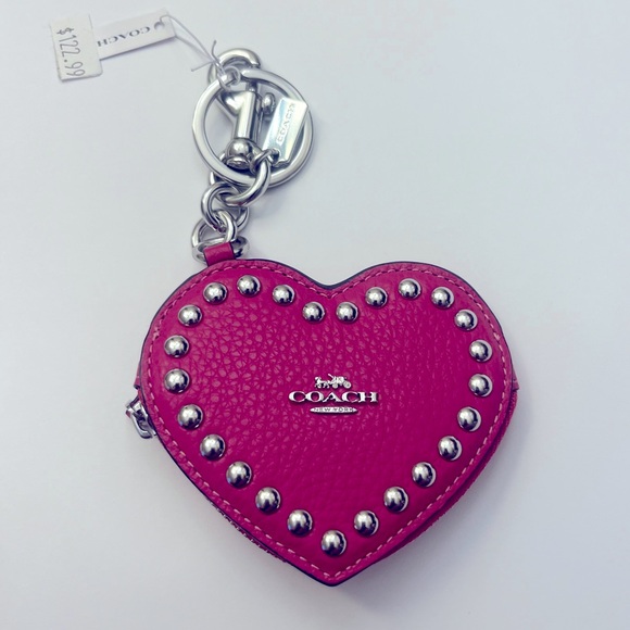 NWT-Coach-Heart 💖 Zip Keychain Pouch-Leather-Cerise/Pink-Pebbled Leather-Rivets - Picture 2 of 3